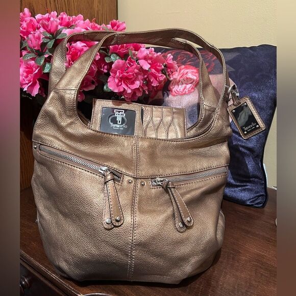 🆕 Tignanello Bronze Leather Shoulder Bag With wallet - Picture 1 of 11